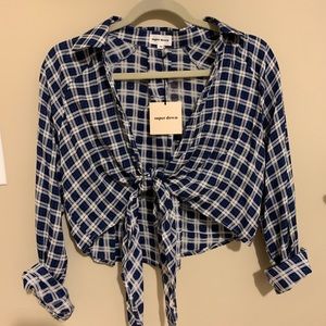 Super down tie front plaid top